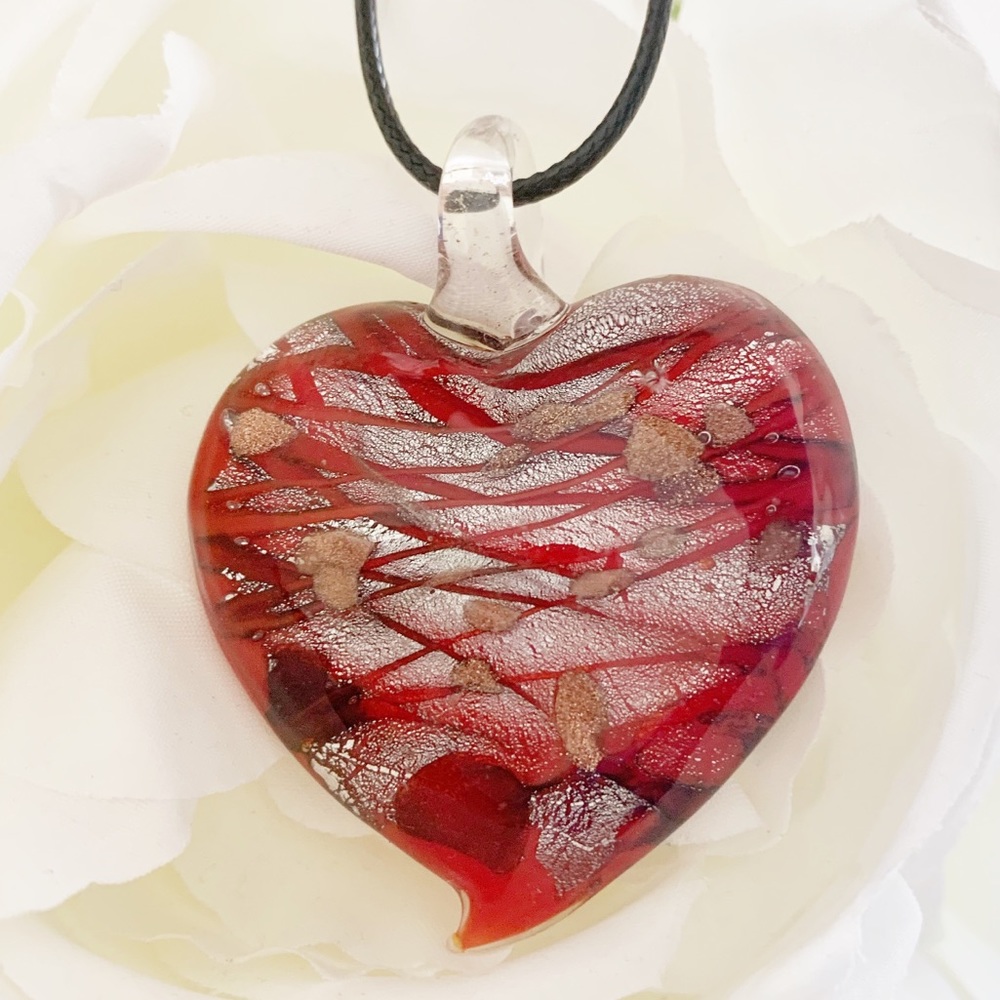 Handblown Glass Red Silver Gold Heart Pendant